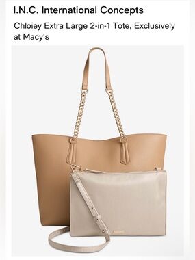 INC CHLOIEY 2 in 1 Tote. Walnut/ Champagne.